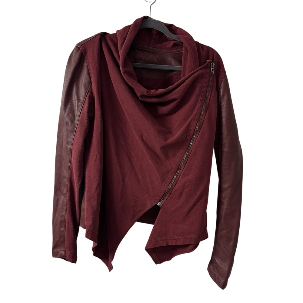 Blank NYC Maroon Asymmetrical Faux Leather Drape Front Jacket size Large - Picture 1 of 6